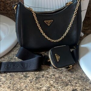 Prada Black Leather Shoulder Bag with Gold Chain